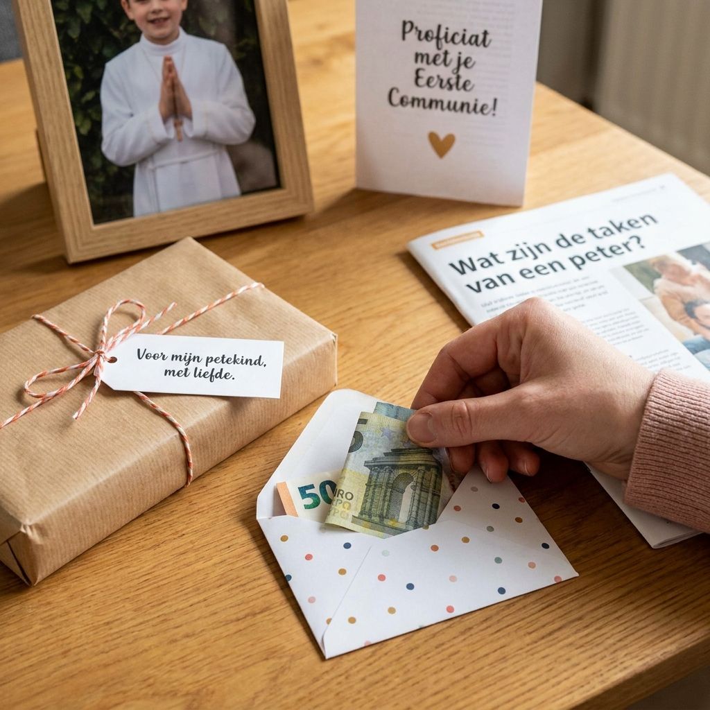 Peter stopt geld in een envelop als traditioneel geschenk bij de communie