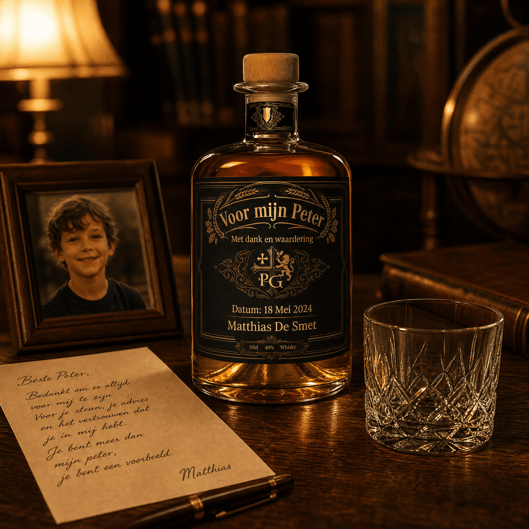 Gepersonaliseerde whisky met bedrukt etiket voor een peter, staand op houten tafel met brief en foto als symbool van vertrouwen en langdurige begeleiding.