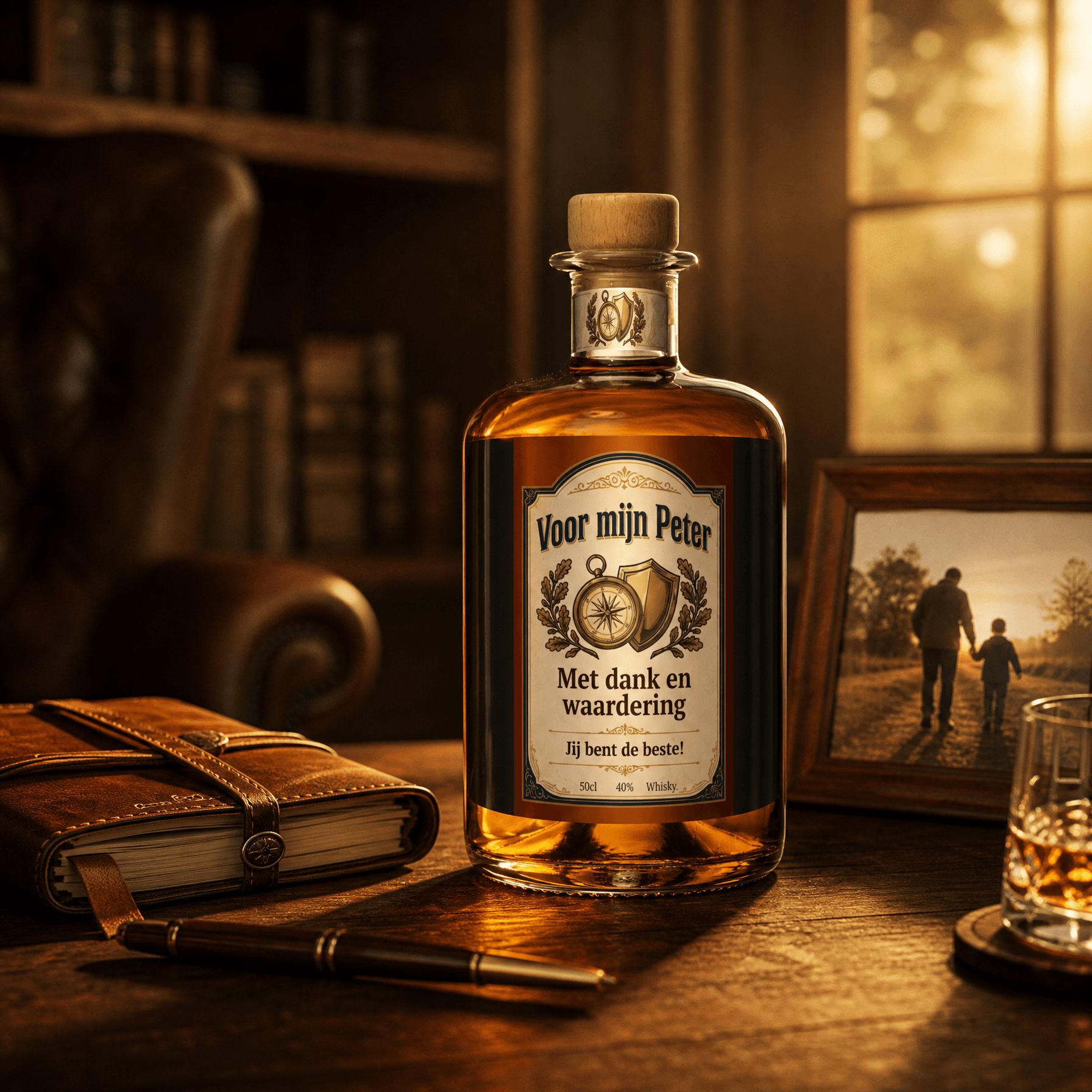 Gepersonaliseerde whiskyflespeter-cadeau met bedrukt etiket, op hout met warm licht en betekenisvolle objecten.