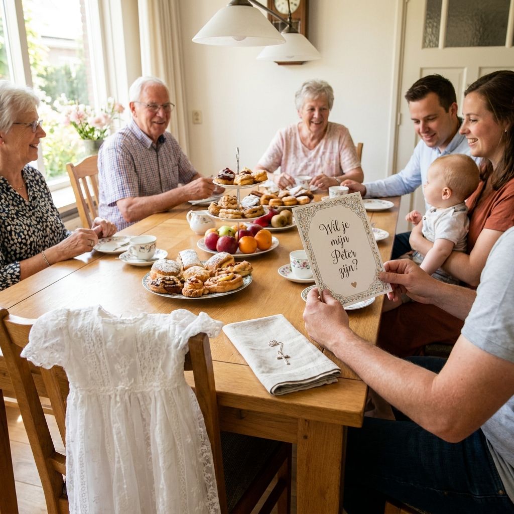 Sfeerbeeld van een doopfeest met kanten doopjurk, symbool voor internationale peter-tradities