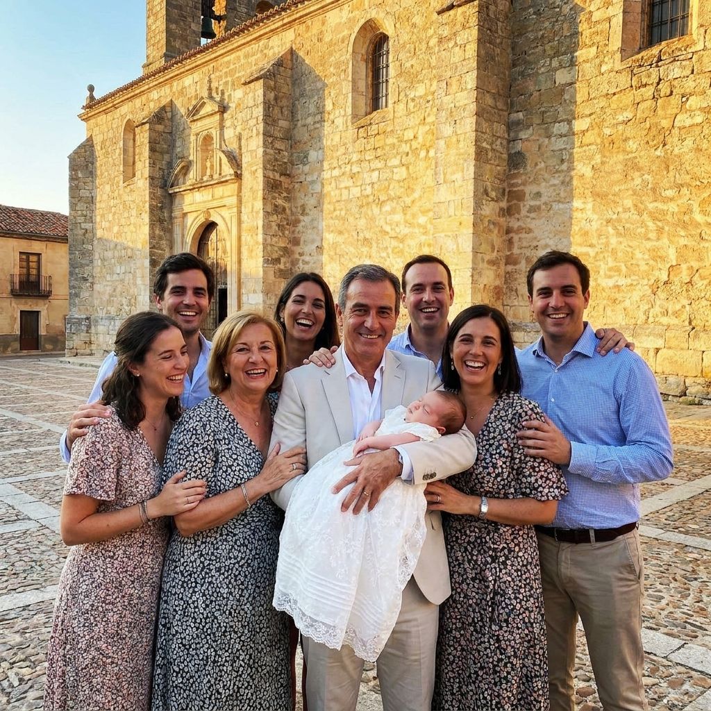 Spaanse familie viert een doop met de padrino die het petekind vasthoudt bij de kerk
