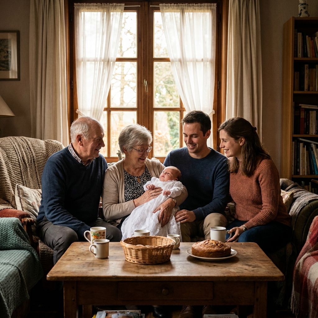 Vlaamse familie viert informeel een doopmoment thuis met meerdere generaties rond de baby